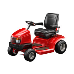 A vibrant red riding lawn mower with a black seat and black steering wheel sits on a black background