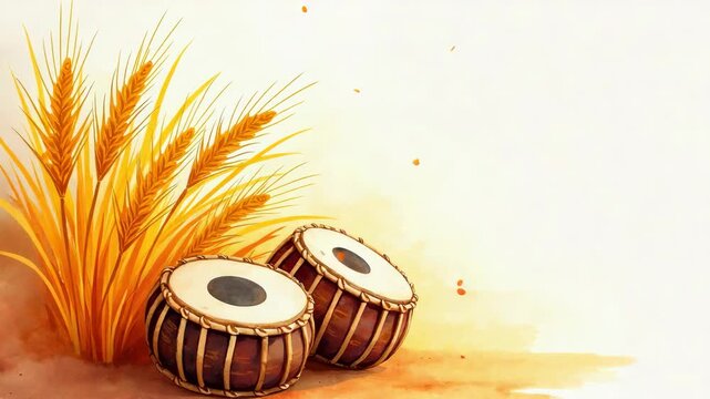 Watercolor style for baisakhi with a dhol and golden wheat sheaves. Artistic  Indian tabla drums placed next to golden wheat ears on a white background. Symbolizing harvest, culture, celebration, and