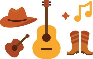 Country music festival elements cowboy hat guitar boots music notes vector eps scalable illustration