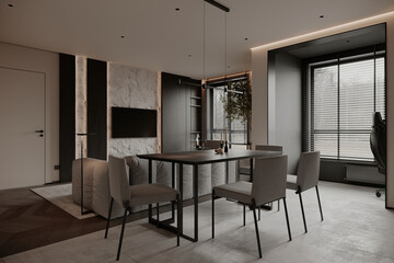 Contemporary dining area with a minimalist table, chairs, and natural light streaming through large windows, creating a calm ambiance.