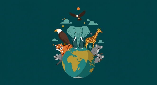 World wildlife day concept with animals on earth, vector illustration on a dark teal background - Powered by Adobe