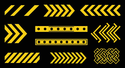 Collection of yellow and black warning signs and symbols, including chevrons, arrows, and interlocking patterns, on a, representing caution, direction, and hazard