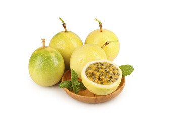 Fresh Golden Passion Fruits on White Background - Tropical Exotic Fruit with Seeds and Mint