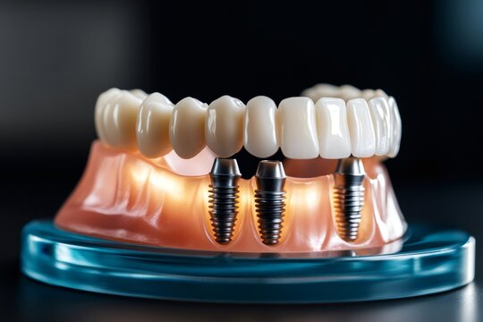 Dental implants supporting fixed prosthesis on anatomical model showcasing modern dental technology