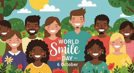 Illustration of diverse group of people celebrating world smile day with october date reminder