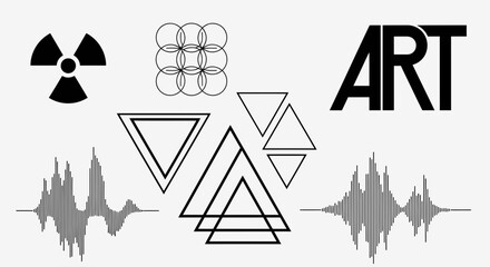 A collection of abstract graphic elements including a radiation symbol, geometric shapes, the word art, and sound wave visualizations, all isolated on a