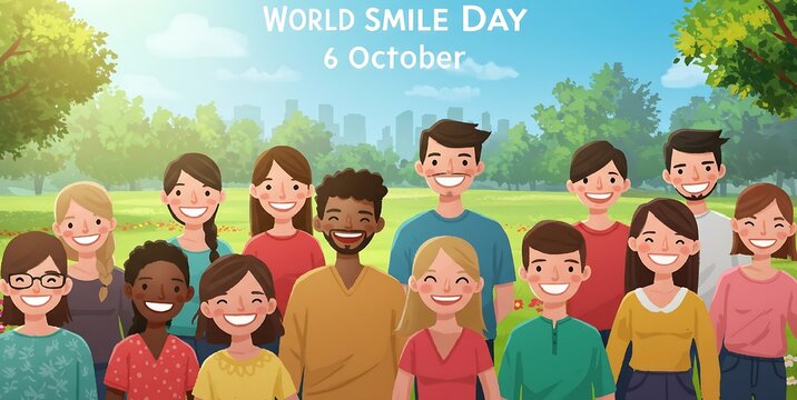 Group of diverse people celebrating world smile day on october 6th in a park, spreading happiness