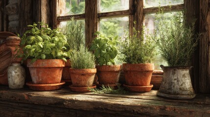 Fototapeta premium Windowsill Herb Garden in Rustic Setting.