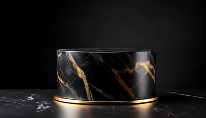 black marble pedestal on black background long shot