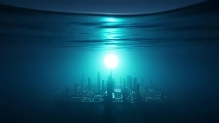 Underwater cityscape at sunset with calm waters