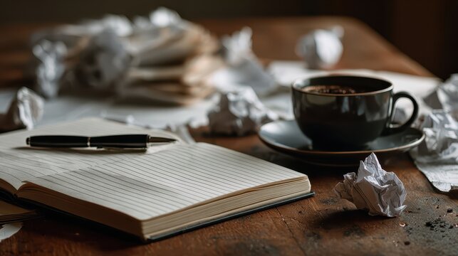 Writers Block - Coffee, Pen, and Crumpled Paper on Desk.