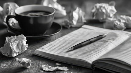 Writers Block Creative Process with Coffee and Notebook.