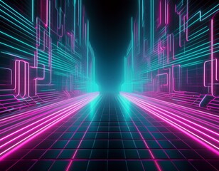 glowing cyberpunk grid with pink and teal neon lines on a dark background