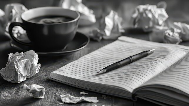 Writers Block Creative Process with Coffee and Notebook. - Powered by Adobe