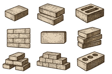 Hand drawn brick collection in engraved sketch style. Construction and architecture elements. Vector icon set of stacked bricks, pile, and masonry wall for building design.