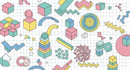 Abstract geometric shapes and patterns in a retro isometric style on a grid background