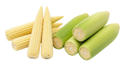 Isolated baby corn vegetable food, an ingredient for Asian Thai vegetarian cooking dishes