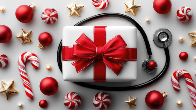 Healthcare Christmas flat lay with stethoscope, wrapped gift, candy canes, festive ornaments, and pearls decorating pristine white surface, highlighting seasonal medical spirit