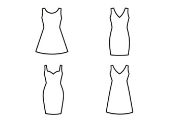 Minimalist dress outline set for fashion design. Vector technical flat sketch. Woman apparel template. Black line art collection. Gown silhouette icon. Simple cocktail dress.