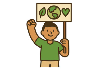 Environmental activist with protest sign. Earth Day concept for climate change awareness. Young man holding banner with eco-friendly message. Love nature, save the planet cartoon.