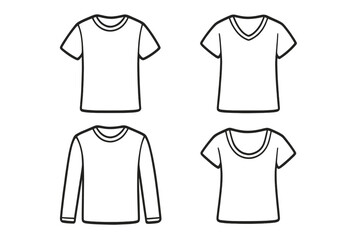 Collection of minimalist t-shirt outlines. Vector line art set featuring various necklines and sleeve styles. Blank apparel mockups for fashion design and clothing templates.