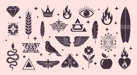 A diverse set of mystical and esoteric symbols featuring sacred geometry, alchemical icons, and boho chic elements for creative design projects