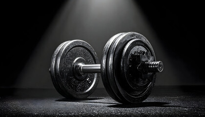 Heavy metal dumbbell with weight plates on a dark gym floor under spotlight, symbolizing strength and fitness.