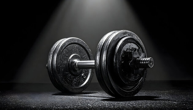 Heavy metal dumbbell with weight plates on a dark gym floor under spotlight, symbolizing strength and fitness. - Powered by Adobe