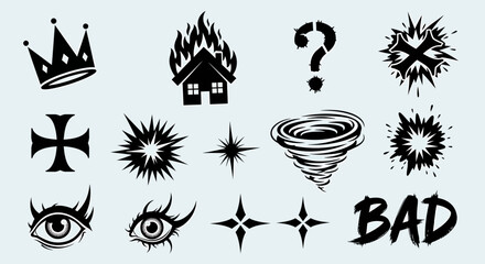 Collection of black and white icons representing various symbols like a crown, cross, exploding elements, a house on fire, a question mark, a tornado, eyes, and the word 'BAD'