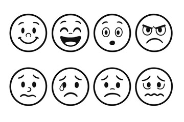 Set of eight emoticon faces expressing diverse emotions, black and white vector cartoon illustration, happy, sad, angry, surprised, crying, worried, emotional expressions, transparent background