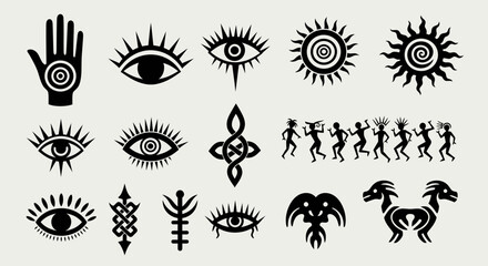 Collection of mystical and occult symbols including eyes, hands, suns, tribal figures, and abstract designs, isolated on a light background