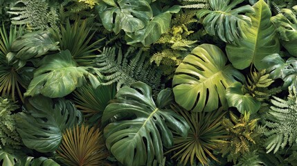 Fototapeta premium A lush arrangement of green foliage featuring various types of leaves, creating a vibrant and natural texture.