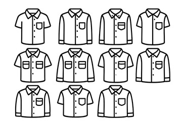 Set of outline icons of various shirt styles with collars and pockets, vector cartoon illustration, men's and women's fashion shirts, button-up and casual styles, transparent background