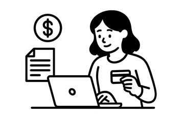 Online payment concept with woman using laptop and credit card, invoice, dollar symbol, minimalist vector cartoon illustration, e-commerce transaction, digital finance, shopping