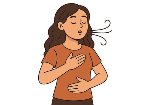 Woman practicing deep breathing technique for mindfulness and relaxation, calm meditation exercise, stress relief, peaceful wellness, mental health, vector cartoon illustration