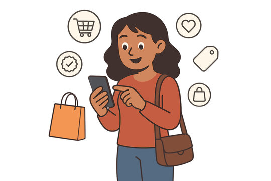 Young woman shopping online with smartphone, digital e-commerce concept, social media likes, shopping cart icons, price tag, quality guarantee, shopping bag, trendy lifestyle vector illustration