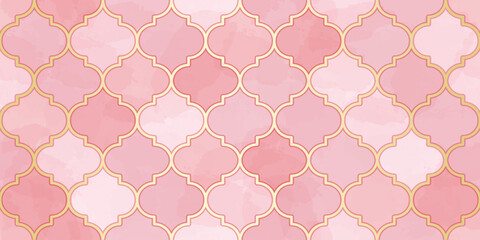 Moroccan Seamless Pattern. Arabic Pink Watercolor Ornament. Eid Mubarak Muslim Background. Turkish Mosque Window Grid.