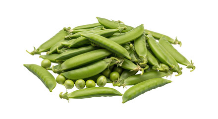 Isolated Sugar snap peas, fresh and bright green, in pile with some loose seeds, studio shot © Aline