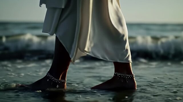 Legs with Silver Anklets Walking on Sandy Beach with White Dress on the Shore During Golden Hour