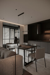 A modern minimalist kitchen and dining area featuring neutral tones, sleek furniture, and ambient lighting. Ideal for interior design, home decor, and modern living concepts.