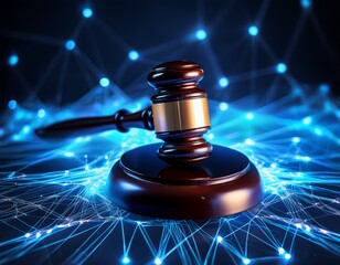 wooden gavel resting on network of glowing blue lines symbol of law tech justice innovation legal system concept cyber law online security digital court modern legal tech