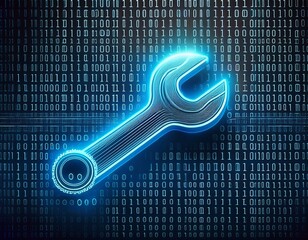 digital wrench symbol on binary code background