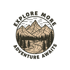 Mountain range landscape with winding river, encircled by "Explore More, Adventure Awaits".