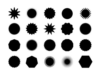 Circle sticker set black. Wavy edge promo silhouette collection. Star burst shape tags for price offer. Blank sale stickers isolated. Vintage label template icons. Graphic illustration symbols design