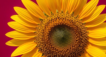 Fototapeta premium Vibrant Yellow Sunflower Petals Close-Up Against a Rich Crimson Background, Capturing the Beauty of Nature
