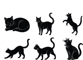  vector silhouette Black cat silhouettes with paw prints collection isolated on white background Purring Cats Vector Silhouette