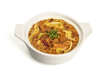 Asian Pork Stew with Glass Noodles and Vegetables in White Ceramic Bowl