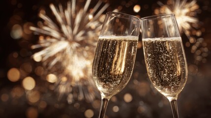 Toasting champagne glasses with fireworks display in background