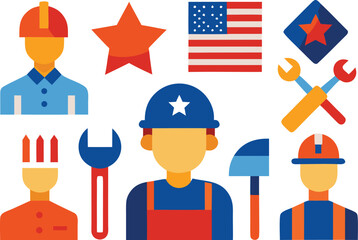 Labor day worker icons collection featuring tools and american flag vector illustration