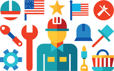 Labor day vector icons collection with american flags and worker tools illustration